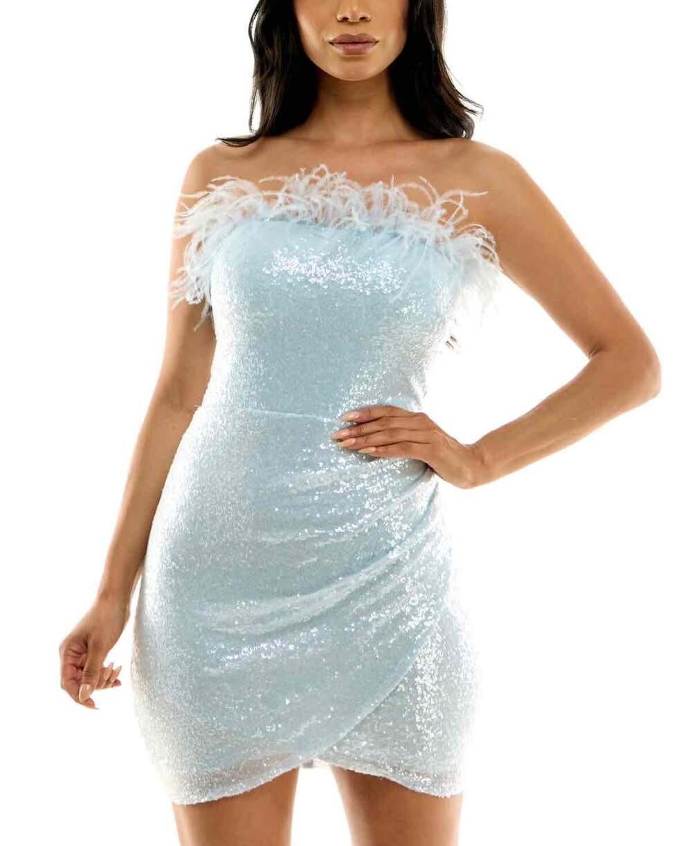 NWT Womens Light Blue Strapless Sequin Feather Trim Cocktail Dress Size 4